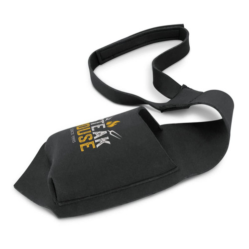 A drink bottle holder in black with a logo, featuring a strap for easy carrying. Ideal for keeping beverages cold.