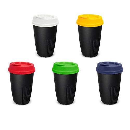 A drink bottle set featuring five 470ml cups in black with coloured lids: white, yellow, red, green, and navy. A drink bottle set featuring five 470ml cups in black with coloured lids: white, yellow, red, green, and navy.
