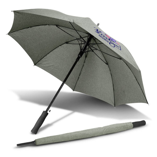 A green umbrella with a black handle, featuring a logo, and a closed variant displayed alongside. A green umbrella with a black handle, featuring a logo, and a closed variant displayed alongside.