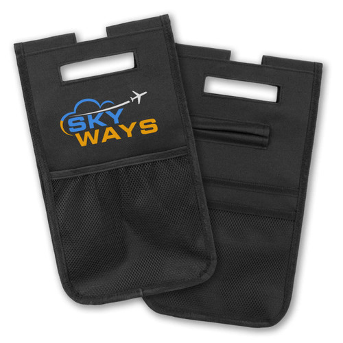 A black Trolley Bag Caddy featuring pockets and a logo, designed for organisation and convenience. A black Trolley Bag Caddy featuring pockets and a logo, designed for organisation and convenience.
