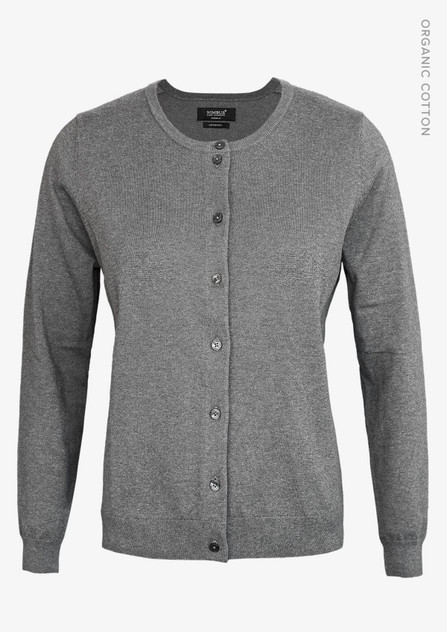 A grey cardigan with long sleeves and a button-up front, made from organic cotton, featuring a logo tag.