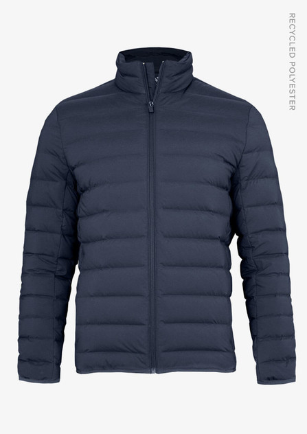 A navy blue women's down jacket featuring a zip front and long sleeves, made from recycled polyester.