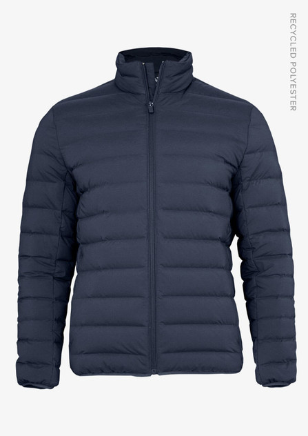 A navy blue down jacket for men, featuring a zip-up front and a standing collar. It has a logo present.