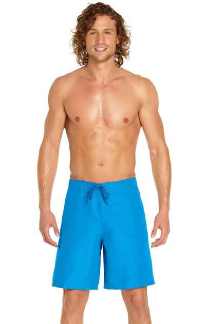 A man wearing bright blue cargo board shorts, featuring a drawstring waist and a logo. A man wearing bright blue cargo board shorts, featuring a drawstring waist and a logo.