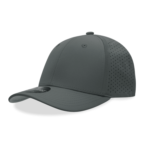 A grey 6-panel mid-profile perforated cap with a curved brim and a logo.