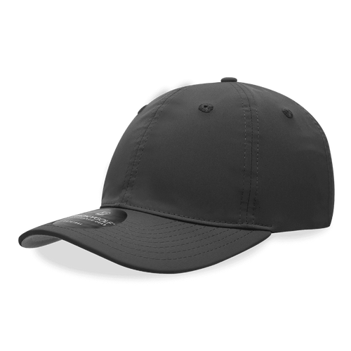 A dark grey six-panel mid-profile relaxed cap with a sleek design and a logo on the front.