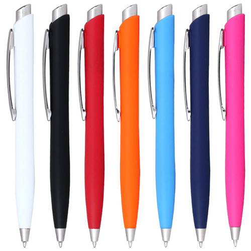 A collection of Odin Click Action Ballpoint Pens in white, black, red, orange, blue, navy, and pink, each with a logo.