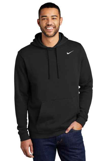 A black Nike Club Fleece pullover hoodie with a front pocket and a drawstring hood, featuring a logo. A black Nike Club Fleece pullover hoodie with a front pocket and a drawstring hood, featuring a logo.
