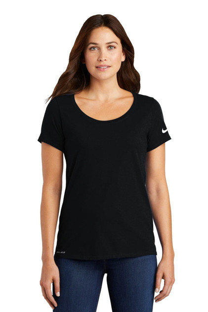 A black Nike ladies' Dri-FIT cotton/poly scoop neck tee featuring a logo on one sleeve. A black Nike ladies' Dri-FIT cotton/poly scoop neck tee featuring a logo on one sleeve.
