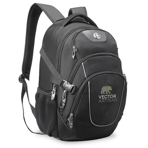 A black backpack featuring multiple compartments, zippers, and a logo. It has padded shoulder straps for comfort. A black backpack featuring multiple compartments, zippers, and a logo. It has padded shoulder straps for comfort.