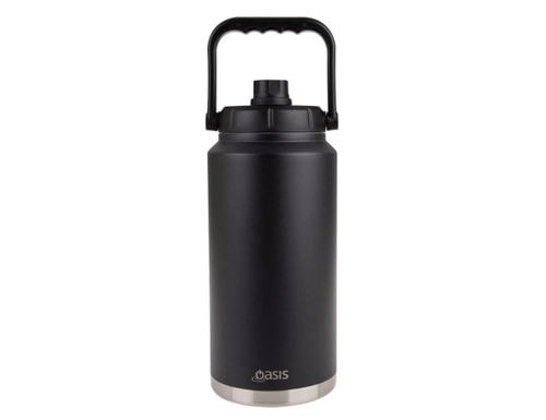 A drink bottle with a black exterior and stainless steel base, featuring a carry handle and a black lid. A drink bottle with a black exterior and stainless steel base, featuring a carry handle and a black lid.