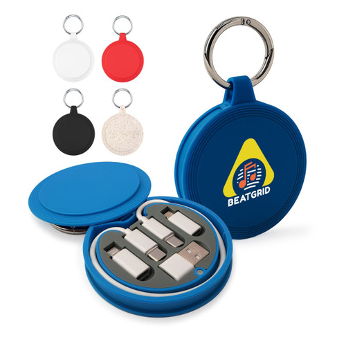 A blue eco-friendly circular case containing charging cables and USB connectors, with a keyring attached.