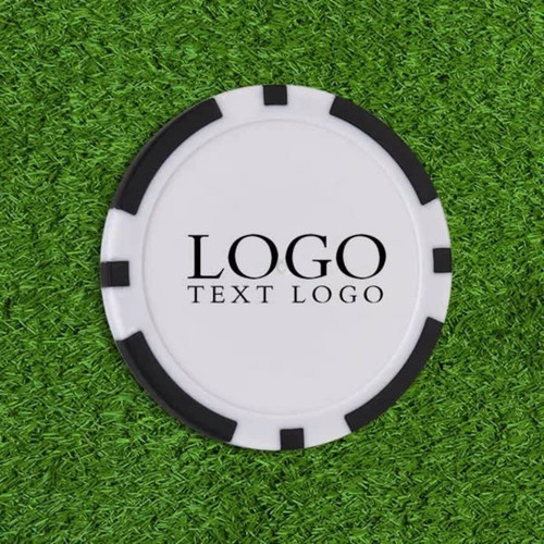 A round plastic poker chip ball marker with a white centre and black edges, featuring a logo.