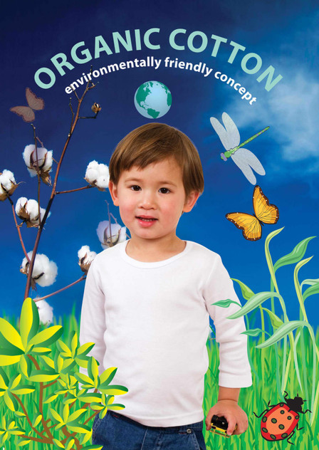 A long-sleeve baby T-shirt in white, featuring a child surrounded by a nature-inspired backdrop with butterflies and insects.