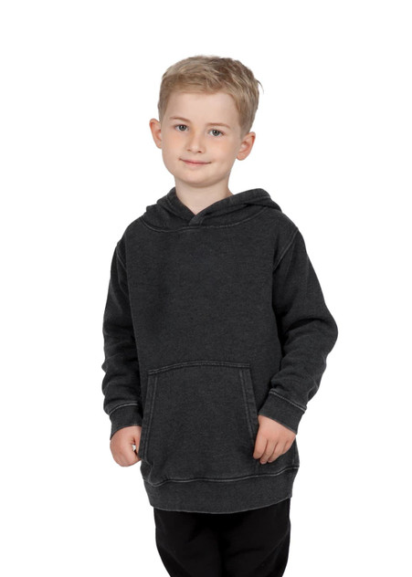 A grey fleece hoodie for babies with a front pocket and a hood, displayed on a child. It features a logo.