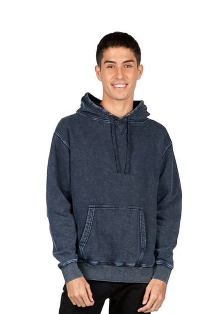 A men's stone wash fleece hoodie in a dark blue colour, featuring a front pouch pocket and a hood, with branding.
