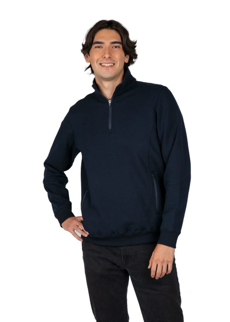 A navy blue half zip fleece jumper featuring a stand-up collar and side pockets, modelled by a man.