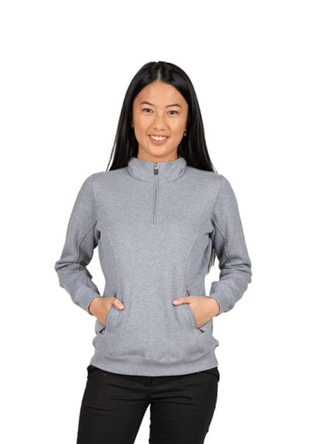 A grey women's half zip fleece jumper with long sleeves and side pockets, featuring a logo on the front. A grey women's half zip fleece jumper with long sleeves and side pockets, featuring a logo on the front.