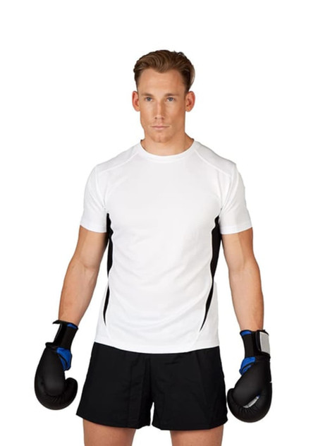 A white men's t-shirt with black side accents, featuring a model wearing boxing gloves and shorts. A white men's t-shirt with black side accents, featuring a model wearing boxing gloves and shorts.