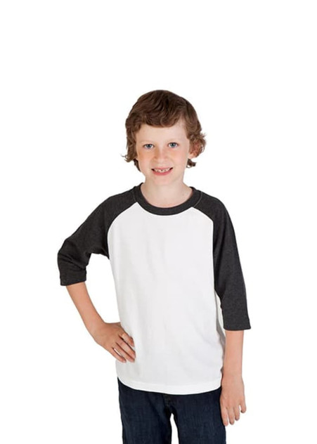 A child poses in a white and dark grey 3/4 raglan sleeve T-shirt, featuring a logo on the shirt. A child poses in a white and dark grey 3/4 raglan sleeve T-shirt, featuring a logo on the shirt.