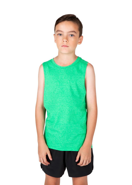 A green sleeveless tank top for kids, featuring a simple design and a logo. Paired with black shorts.