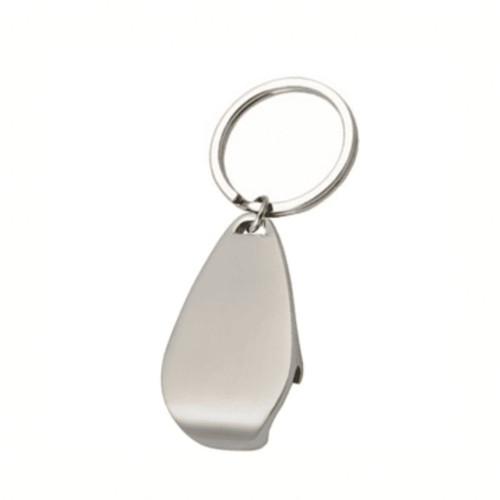 A bottle opener keyring in a sleek silver colour, featuring a rounded design and a metal keyring attachment. A bottle opener keyring in a sleek silver colour, featuring a rounded design and a metal keyring attachment.