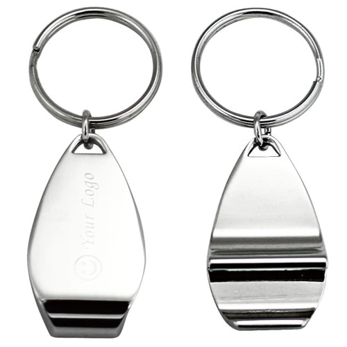 A keyring set featuring two sleek, silver metallic keychains with a logo on one side. A keyring set featuring two sleek, silver metallic keychains with a logo on one side.