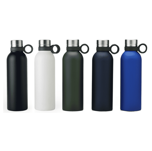 A drink bottle collection featuring black, white, khaki, navy, and blue colours with metal caps and carry loops.