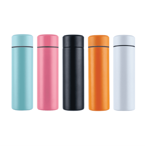 A drink bottle collection featuring light blue, pink, black, orange, and white colours, each with a sleek design and lid.