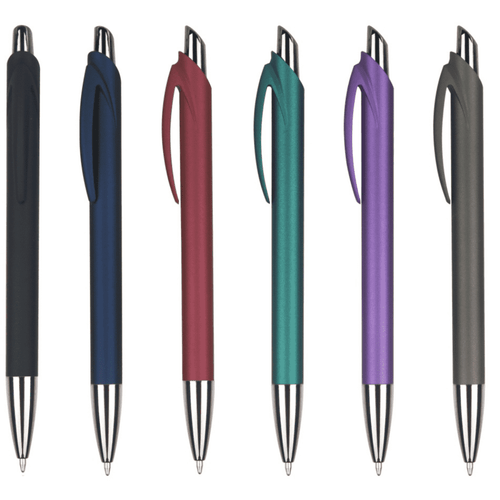 A collection of plastic pens in black, navy, red, teal, purple, and grey, each with a shiny metal tip and clip.