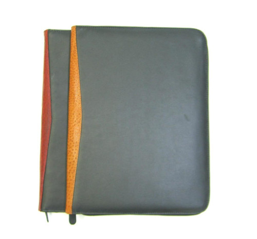 A4 leather compendium featuring a combination of black, orange, and red panels with a smooth finish and zipper. A4 leather compendium featuring a combination of black, orange, and red panels with a smooth finish and zipper.