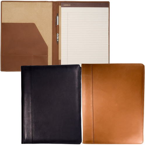 A large portfolio made of sueded full-grain leather, featuring tan and black colours, inside compartments, and a notepad. A large portfolio made of sueded full-grain leather, featuring tan and black colours, inside compartments, and a notepad.
