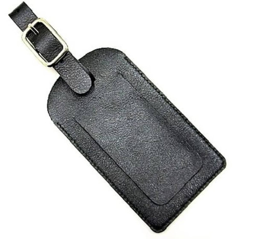 A black leather luggage tag with a buckle strap and a textured surface for personalisation. A black leather luggage tag with a buckle strap and a textured surface for personalisation.