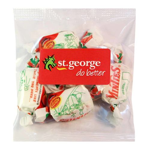 A clear packet containing Allens Minties mints, wrapped in white paper with green and red accents.