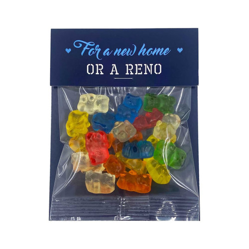 A bag containing colourful gummy bears in various shades, placed within a clear plastic packet with a decorative header.