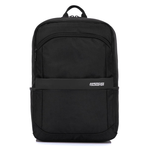 A black backpack featuring a front pocket and a branded logo, designed with a sleek, modern style. A black backpack featuring a front pocket and a branded logo, designed with a sleek, modern style.