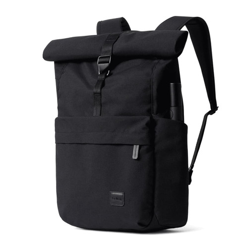 A black rolltop backpack with a front pocket and shoulder straps, featuring a logo on the side. A black rolltop backpack with a front pocket and shoulder straps, featuring a logo on the side.