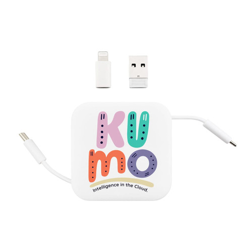 A white retractable cable with multicoloured letters and a logo, accompanied by USB and Lightning connectors. A white retractable cable with multicoloured letters and a logo, accompanied by USB and Lightning connectors.