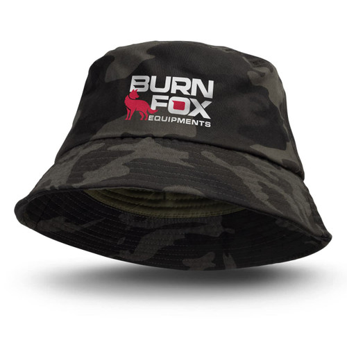 A camouflage bucket hat in dark green with a logo on the front.