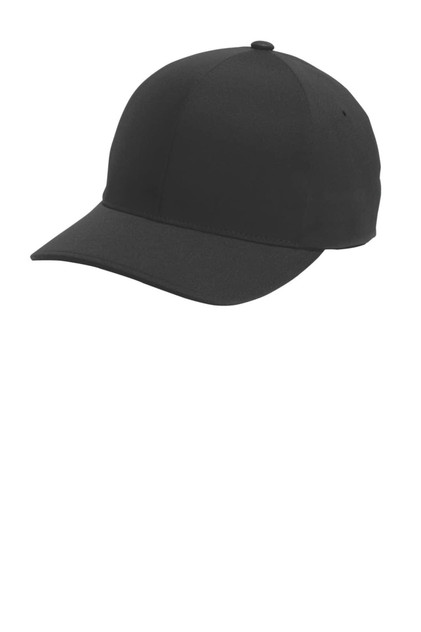 A black Flexfit Delta cap with a curved brim and a smooth texture, featuring a logo on the side.