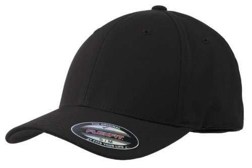 A black Sport-Tek Flexfit performance cap featuring a structured design and a logo on the side.