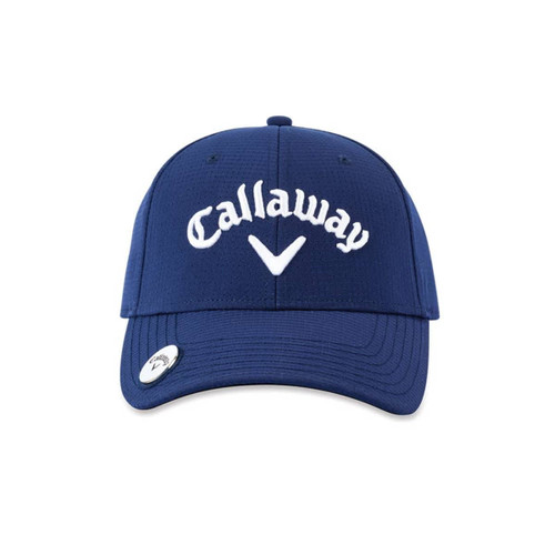 A navy cap with a logo and embroidered detailing on the front. Features a curved brim and adjustable back.