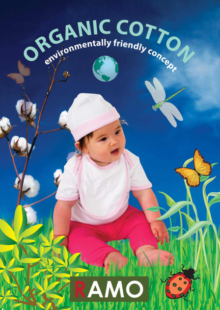 A baby cap in white is featured, surrounded by cotton plants, butterflies, and a vibrant blue sky. The image has a logo.