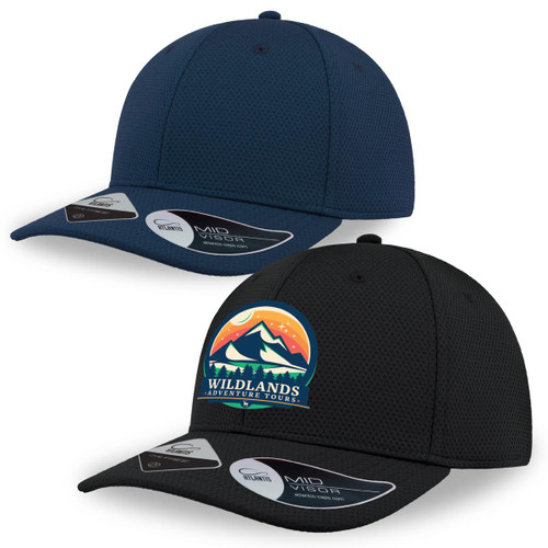 A navy blue and a black cap, both featuring a logo on the front, are displayed side by side.