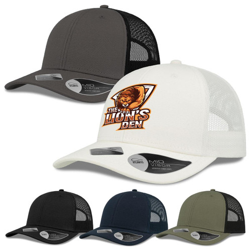 A selection of caps in grey, white, black, navy, and olive green, featuring a logo on one.