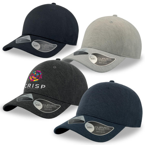 A collection of four caps in black, grey, and dark blue, featuring curved visors and a logo on one cap.