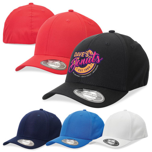 A selection of caps in red, black, navy, blue, and white featuring a logo on the front.