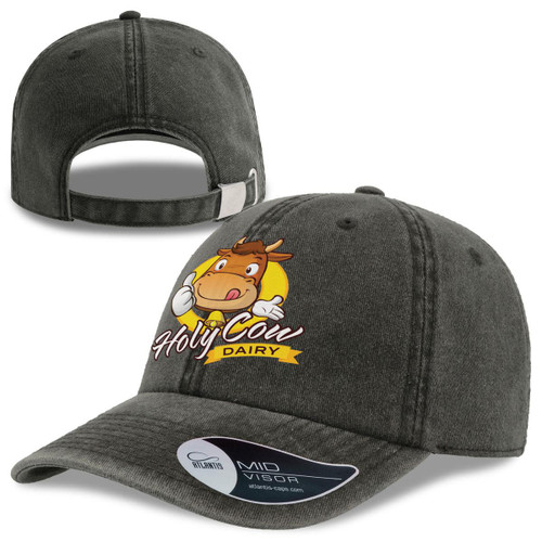 A grey visor featuring a cow graphic and logo, with an adjustable back strap.