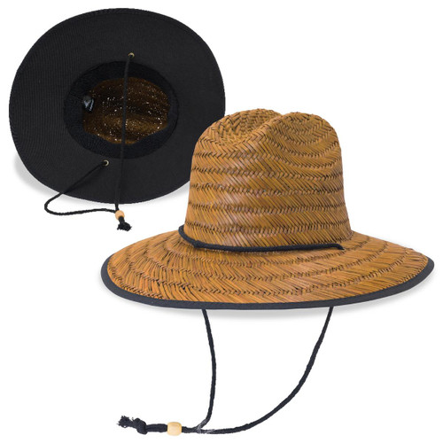 A straw hat in burnt straw colour with a black rim and adjustable chin strap. Features a mesh interior for breathability.