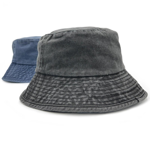 Two washed chino bucket hats in grey and navy, featuring a textured brim and a small logo on one.